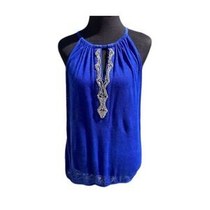 INC International Concepts Dressy Tank Halter Top Royal Blue Silver Beaded Detai